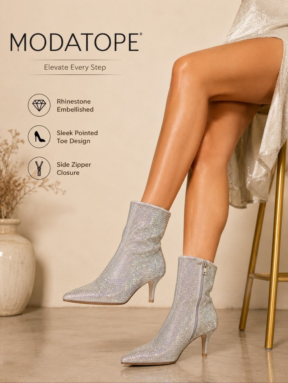 Modatope Silver Rhinestone Sparkly Pointed Toe Stiletto Ankle Boots Zip Size 8.5